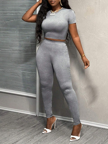 Casual Street Style Basic Short Sleeve Cropped Top And Long Pants Women Two-Piece Set-C