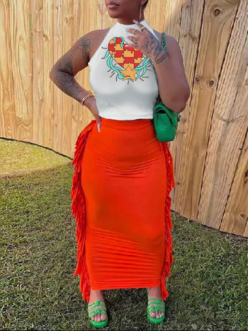 Casual Street Style Printed Sleeveless Vest Top And Orange Slim High Elasticity Tassel Women's Skirt Set For Women, H