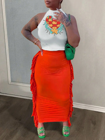Casual Street Style Printed Sleeveless Vest Top And Orange Slim High Elasticity Tassel Women's Skirt Set For Women, H