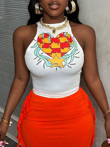 Casual Street Style Printed Sleeveless Vest Top And Orange Slim High Elasticity Tassel Women's Skirt Set For Women, H
