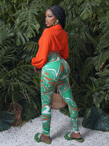 Casual Street Style Sexy Long Sleeve Cropped Wrap Top And Abstract Print Stretchy Skinny Leggings 2 Pieces Set For Women -Z