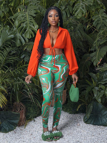 Casual Street Style Sexy Long Sleeve Cropped Wrap Top And Abstract Print Stretchy Skinny Leggings 2 Pieces Set For Women -Z