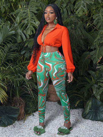 Casual Street Style Sexy Long Sleeve Cropped Wrap Top And Abstract Print Stretchy Skinny Leggings 2 Pieces Set For Women -Z