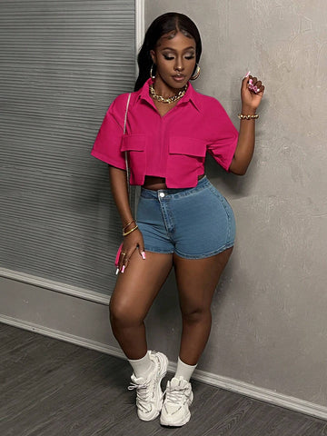 Slayr Casual Street Style White Polo Collar Pocket Cropped Shirt Short Sleeve For Women