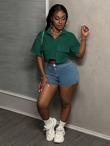 Slayr Casual Street Style White Polo Collar Pocket Hem Cropped Work Top Tee, Women Short Sleeve Shirt