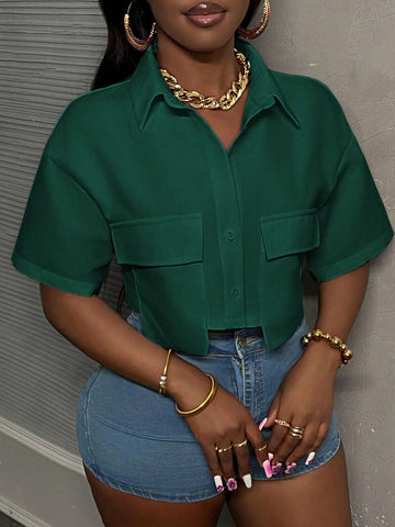 Slayr Casual Street Style White Polo Collar Pocket Hem Cropped Work Top Tee, Women Short Sleeve Shirt
