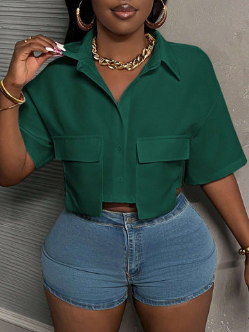 Slayr Casual Street Style White Polo Collar Pocket Hem Cropped Work Top Tee, Women Short Sleeve Shirt