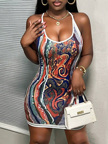 Casual Summer Beach V-Neck Tight Print Mini Slip Dress