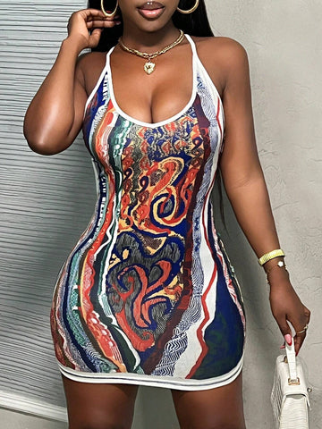Casual Summer Beach V-Neck Tight Print Mini Slip Dress