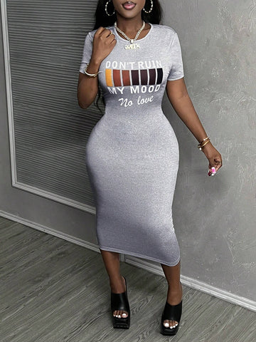 Casual Summer Black Don't Ruin My Mood Printed Round Neck Short Sleeve Bodycon Long Dress