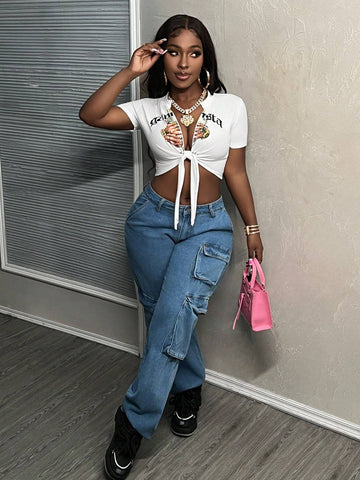 Slayr Casual Tie-Up Crop Printed T-Shirt