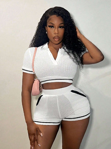 Casual Turn-Down Collar Half Placket Short Sleeve Crop Top And Pocketed Mini Shorts Set - E