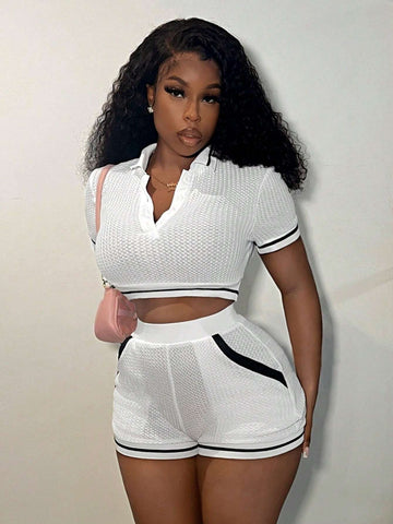 Casual Turn-Down Collar Half Placket Short Sleeve Crop Top And Pocketed Mini Shorts Set - E