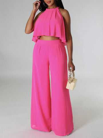 Casual Vacation Round Neck Sleeveless Irregular Hem Halter Top And Wide Leg Pants Two Piece Set, Pink