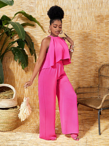 Casual Vacation Round Neck Sleeveless Irregular Hem Halter Top And Wide Leg Pants Two Piece Set, Pink
