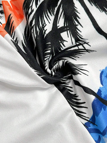 Casual Vacation Round Neck Sleeveless Tied Placket Top Tight Mini Shorts Tropical Coconut Print Women's Two-Piece Set-H