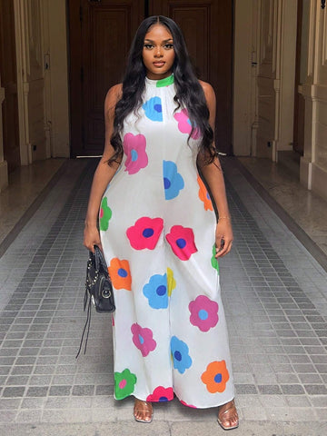 Casual Vacation Sleeveless Ultra-Loose Wide-Leg Trousers Full-Color Flower Print Pattern Women's Jumpsuit