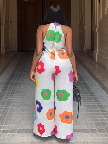 Casual Vacation Sleeveless Ultra-Loose Wide-Leg Trousers Full-Color Flower Print Pattern Women's Jumpsuit