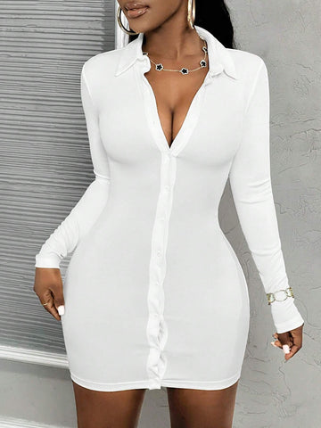 Casual White Collar Buttoned Long Sleeve Ribbed Mini Bodycon Dress - Z