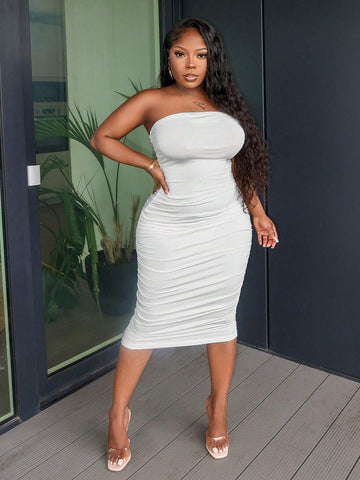 Casual White Ruched Bodycon Tube Midi Dress