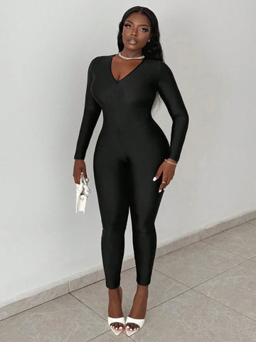 Casual Zipper Bodycon Women's Jumpsuit Unitard