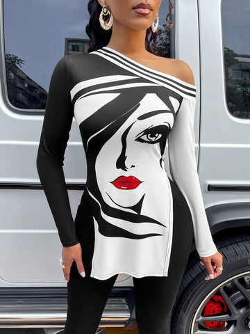 Character Print Asymmetric Neck Split Hem Top & Leggings (Target Flower)