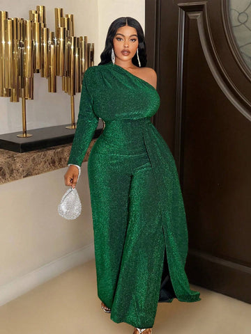 Christmas And Valentine's Day New Gorgeous And Elegant Banquet Single Room Asymmetric Waist Straight Bright Silk Dark Green Autumn And Winter Super Long Pants Women's Jumpsuit