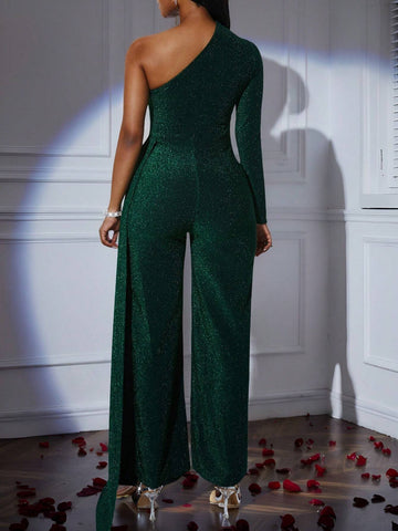 Christmas And Valentine's Day New Gorgeous And Elegant Banquet Single Room Asymmetric Waist Straight Bright Silk Dark Green Autumn And Winter Super Long Pants Women's Jumpsuit
