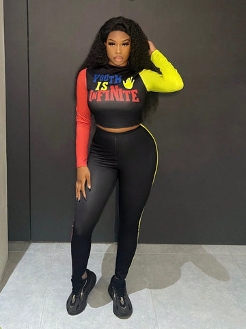 Color Block Letter Print Slim Fit 2pcs/Set