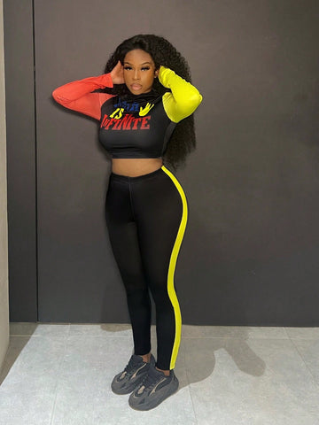 Color Block Letter Print Slim Fit 2pcs/Set