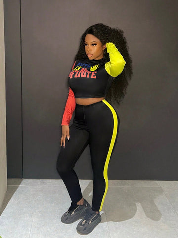 Color Block Letter Print Slim Fit 2pcs/Set
