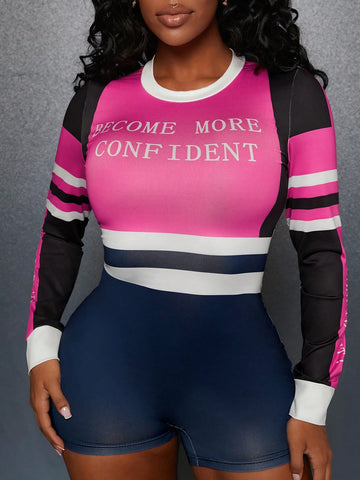 Color Block Letter Printed Bodysuit Jumpsuit