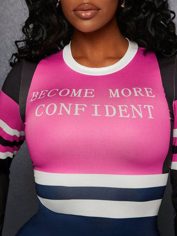 Color Block Letter Printed Bodysuit Jumpsuit