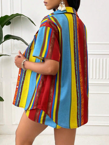 Color Blocked Striped Print Shirt & Shorts With Random Flower Print For Beach And Music Festival Vacation