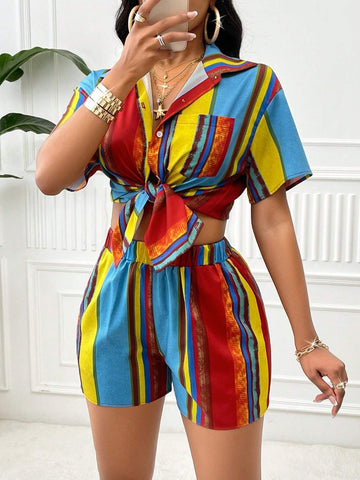 Color Blocked Striped Print Shirt & Shorts With Random Flower Print For Beach And Music Festival Vacation