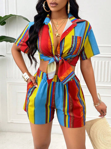 Color Blocked Striped Print Shirt & Shorts With Random Flower Print For Beach And Music Festival Vacation
