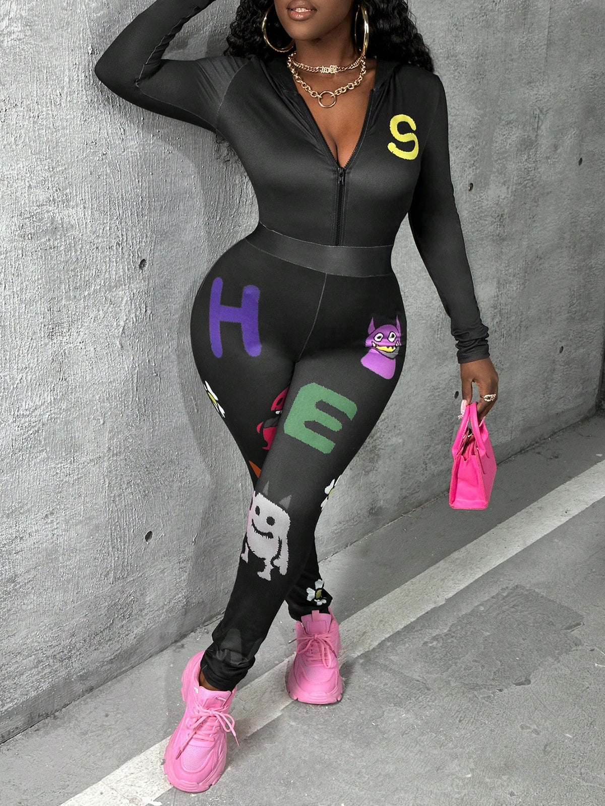 Colorful Letter Cute Printed Hooded Romper Jumpsuit