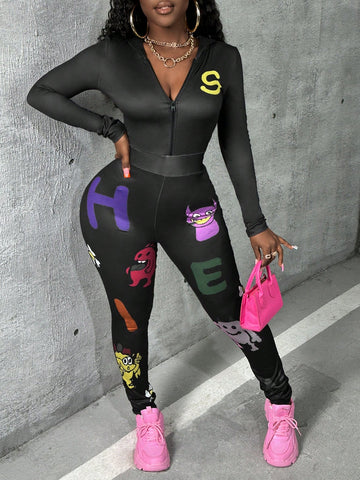 Colorful Letter Cute Printed Hooded Romper Jumpsuit