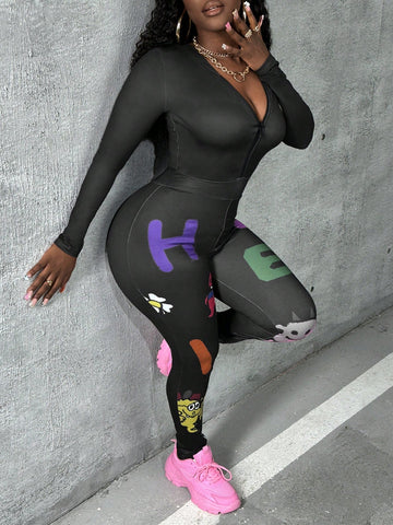 Colorful Letter Cute Printed Hooded Romper Jumpsuit