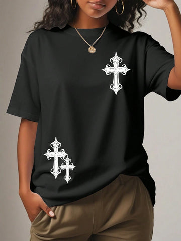 Cross Print Round Neck T-Shirt