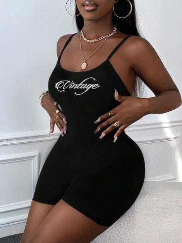 Crystal Rhinestone Embellished Letter Print Nightclub Style Bodysuit With Tight-Fitting Shorts And Spaghetti Straps, Suitable For Summer