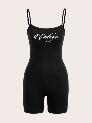 Crystal Rhinestone Embellished Letter Print Nightclub Style Bodysuit With Tight-Fitting Shorts And Spaghetti Straps, Suitable For Summer