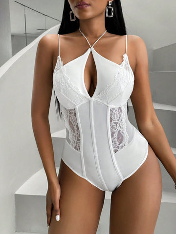 Double Strap Lace & Mesh Patchwork Bodysuit