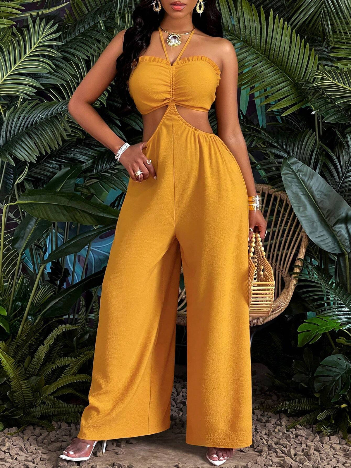 Drawstring Cut Out Tie Backless Halter Jumpsuit