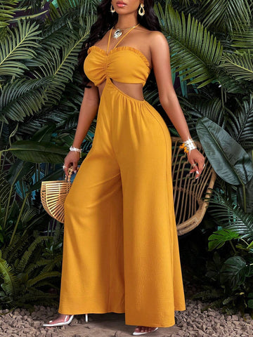 Drawstring Cut Out Tie Backless Halter Jumpsuit