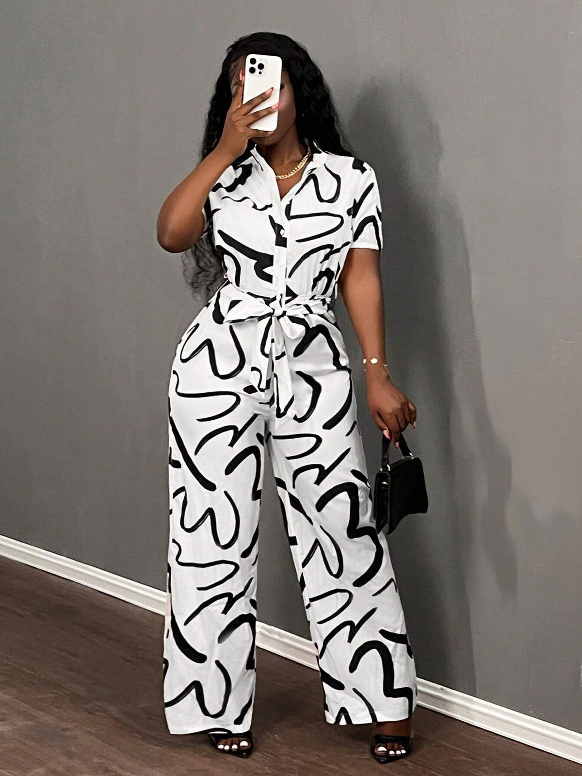 Elegant All-Over Print Button Front Self-Tie Belt Wide Leg Short Sleeve Jumpsuit