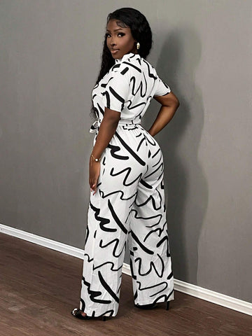 Elegant All-Over Print Button Front Self-Tie Belt Wide Leg Short Sleeve Jumpsuit