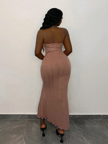 Elegant And Casual Texture Fishtail Bodycon Women's Dress With Strapless Design