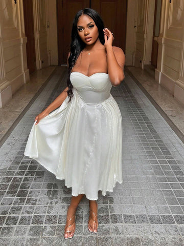 Elegant And Sexy Apricot Satin Women's Dress With Spaghetti Straps, Cupped Chest, Cinched