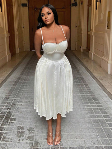 Elegant And Sexy Apricot Satin Women's Dress With Spaghetti Straps, Cupped Chest, Cinched